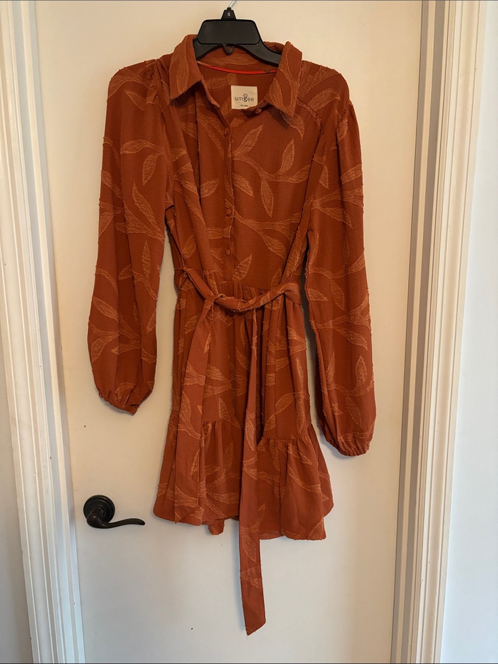Umgee Rust Orange Leaf-Print Belted Long-Sleeve Dress